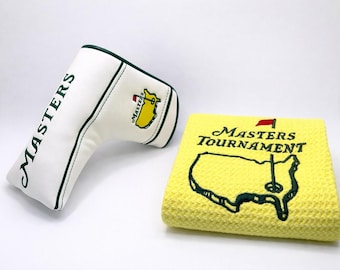 Set de regalo de golf Masters: funda blanca para putter + 1 toalla amarilla.