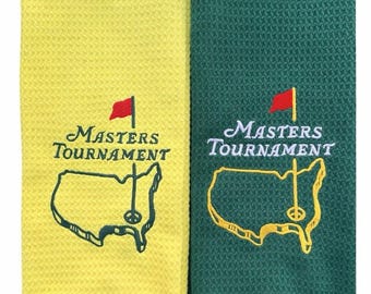 Golf Towels Embroidered Set with Clip Masters Green Yellow Augusta Style 2 Pack