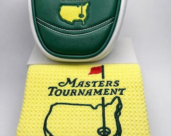 Funda para putter tipo mazo Masters y toalla de golf amarilla / Juego de fundas para la cabeza de palos estilo Augusta