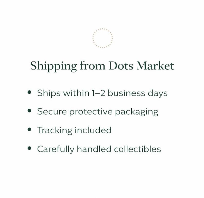May include: White background with the text "Shipping from Dots Market". Bullet points below state: Ships within 1-2 business days, Secure protective packaging, Tracking included, and Carefully handled collectibles.