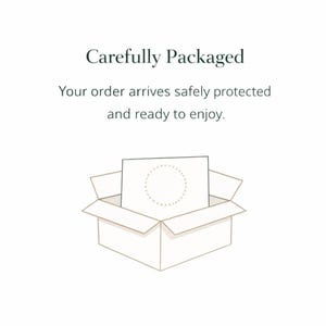 May include: A cardboard box with a white card inside. The text "Carefully Packaged" is above the box, with the text "Your order arrives safely protected and ready to enjoy." below it. The image is on a white background.