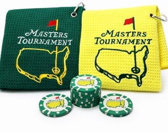 Juego de toallas de golf bordadas con clip, estilo Masters, verde y amarillo, Augusta (paquete de 2)