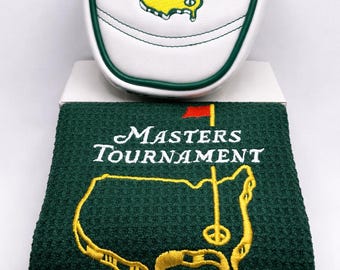 Funda blanca para putter Masters con toallas verdes de golf. Paquete de fundas para la cabeza del putter. Regalo ideal para golfistas.