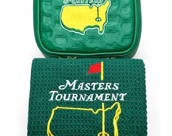 Set de regalo Masters de golf: toalla Augusta Green + funda para putter TaylorMade para golfistas.
