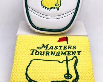 Funda blanca para putter Masters con toallas amarillas para la cabeza del putter. Paquete de regalo para golfistas.