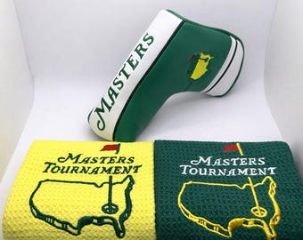 Juego de funda para putter Masters Blade y toallas de golf verdes/amarillas – Paquete de fundas para la cabeza estilo Augusta