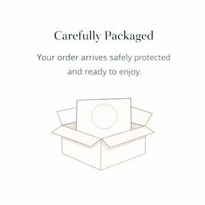 May include: An open cardboard box with a white card inside. The text "Carefully Packaged" is above the box, with the text "Your order arrives safely protected and ready to enjoy." below it.