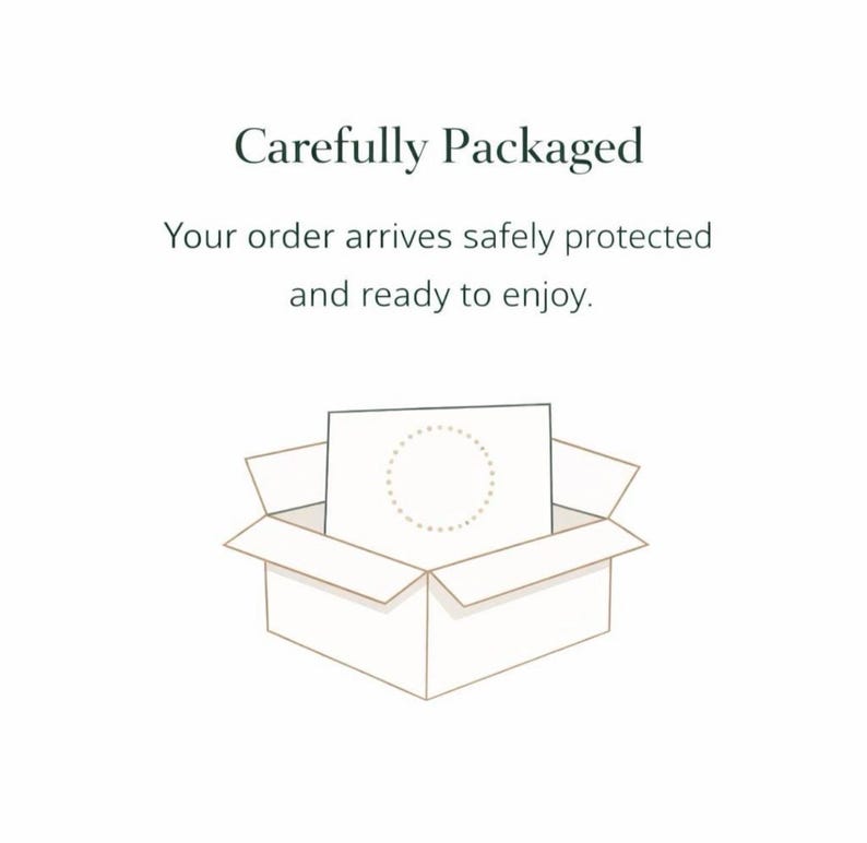 May include: An open cardboard box with a white card inside. The text "Carefully Packaged" is above the box, with the text "Your order arrives safely protected and ready to enjoy." below it.