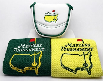 Paquete de regalo: Funda blanca para putter Masters Mallet + toallas de golf verdes y amarillas.