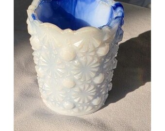 Palillo de dientes/vela votiva vintage de vidrio azul/blanco con forma de margarita, 2,5 pulgadas.