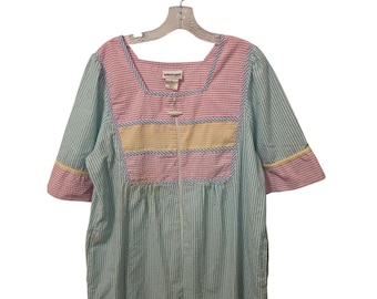 Vintage Zip Up Seersucker Nightgown - Women's Medium Pockets 1980's