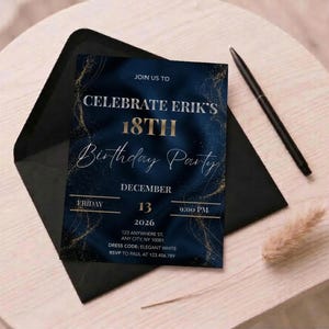 18th Birthday Invitation: Navy Blue and Gold Design, Editable Canva Template -Midnight Gold Collection