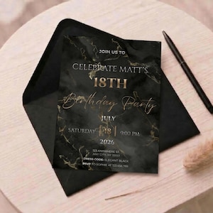 18th Birthday Invitation for Him: Black and Gold Marble, Editable Canva Template - Dark Elegance Collection