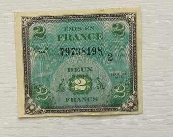 1944 France 2 Franc Paper Note - WWII Era French Bank Note
