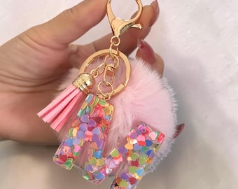 Colorful Pom Pom Keyring, Personalized Initial Keychain, Pink Bag Charm, Cutom  Gift For Her, Kawaii Accessories, Plush Keychain