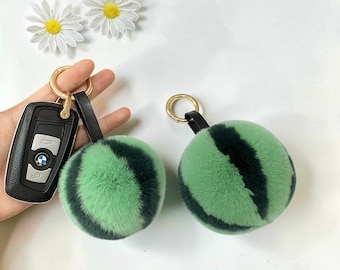 Pom Pom Watermelon  Keychain, Cute Fruit Bag Charm, Fluffy Faux Fur Keyring, Purse Accessory, Car Keys, Green Plush Charm Gift for Girls