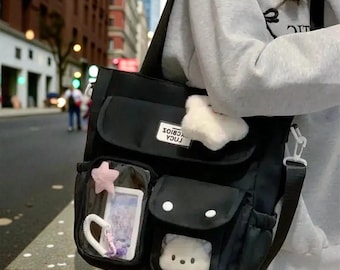 Kawaii Ita Bag Pastel Yellow Crossbody Bag, Cute Transparent Pocket Bag, Harajuku Style, Shoulder Bag, Anime Pin Display Bag, Gift For Girls