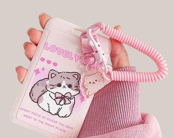 Cute Cat Photocard Holder, Kawaii Kpop Card Holder Keychain, Pink ID Badge Holder, Korean Style Photo Card Case, Anime Card Sleeve Gift