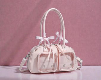 Kawaii Pink Ita Bag, Cute Bow HandBag, Transparent Pocket Purse, Harajuku Style, Shoulder Bag, Anime Pin Display, Gift For Girls