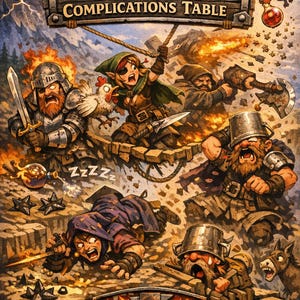 Può includere: Illustrazione fantasy per un gioco, con un cartello di legno che recita "Combat Complications Table". L'immagine raffigura vari personaggi in azione, tra cui un cavaliere, un elfo e un nano, su uno sfondo infuocato.