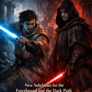 May include: Digital artwork featuring two figures with lightsabers. One figure holds a blue lightsaber, the other a red one. The title "DUALITY of DESTINY" is at the top, with text below stating "New Subclasses for the Forcebound and the Dark Path."