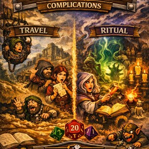 Puede incluir: Ilustración de fantasía para un juego titulado "Travel & Ritual Complications" con personajes y dados. La obra presenta un letrero de madera con el título del juego y las palabras "Travel" y "Ritual".