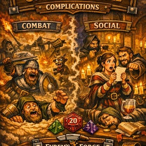 May include: Fantasy-themed game box art with the title "Combat & Social Complications." The image depicts a medieval scene with characters in combat and social interactions. The text "Fyrem's Forge" is also visible.