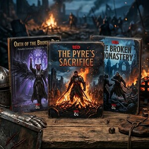 Puede incluir: Tres libros de rol D&D sobre una superficie de madera. Las portadas presentan arte de fantasía con títulos como "Oath of the Broken Pact" y "The Pyre's Sacrifice". El fondo muestra una escena de batalla con fuego y ruinas.