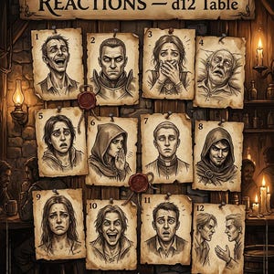 Puede incluir: Un letrero de madera con el texto "UNEXPECTED NPC REACTIONS - d12 Table" sobre doce ilustraciones de personas con diversas expresiones faciales. Las ilustraciones están numeradas del 1 al 12. El logotipo "FYREMFORGE" está en la parte inferior.