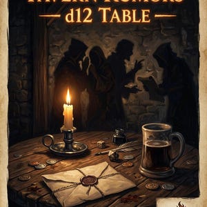 Puede incluir: Ilustración de una mesa de madera en una taberna oscura. La mesa tiene una vela encendida, una jarra de cerveza oscura, un sobre con un sello de cera, dados, monedas y una pluma. El texto "TAVERN RUMORS d12 TABLE" está en la parte superior.