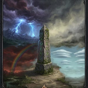 May include: A fantasy art card titled "Dramatic Weather - d12 Table" shows a stone obelisk with runes under a stormy sky with lightning and a rainbow. The card has a border with the "FYREMFORGE" logo.