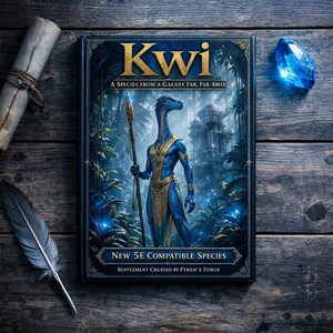 以下が含まれることがあります： 「Kwi」というタイトルのファンタジー本の表紙。青と金の配色で、青いヒューマノイドエイリアンが槍を持っている様子が描かれています。テキストには「A Species From a Galaxy Far, Far Away」と「New 5E Compatible Species」と書かれています。