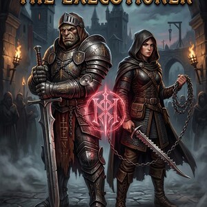 Puede incluir: Ilustración digital de dos figuras con armadura medieval, una con una espada y la otra con una cadena y una cuchilla dentada. El título "THE EXECUTIONER" se muestra arriba, con "Class by Fyrem's Forge" debajo.