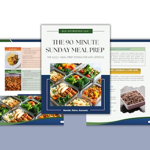 May include: A multi-page document titled "THE 90-MINUTE SUNDAY MEAL PREP" with the text "ELS NUTRITION LLC". The document features images of meal-prepped food in clear containers, including chicken, vegetables, and grains. The phrase "Nourish. Thrive. Succeed." is also visible.
