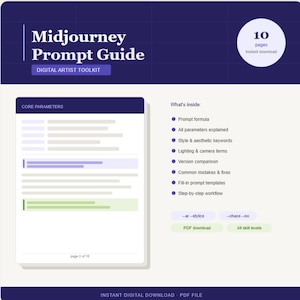 Midjourney Prompt Guide PDF | AI Art Cheat Sheet | Parameters --ar --stylize --chaos | Digital Artist Toolkit