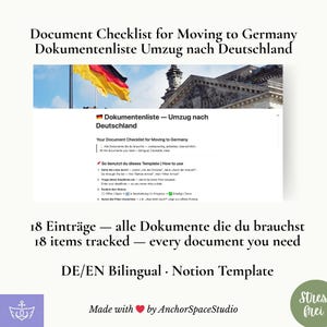 May include: A digital document checklist for moving to Germany, in English and German. The checklist includes 18 tracked items, with instructions on how to use the template. The document is bilingual and designed for clarity.