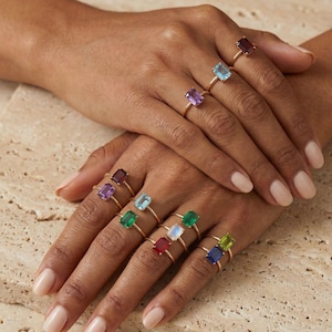 1ct Emerald Cut Birthstone Ring, 18K Gold Plated S925 Silver Stacking Ring, Lab Grown Gemstone, Personalized Custom Gift for Her