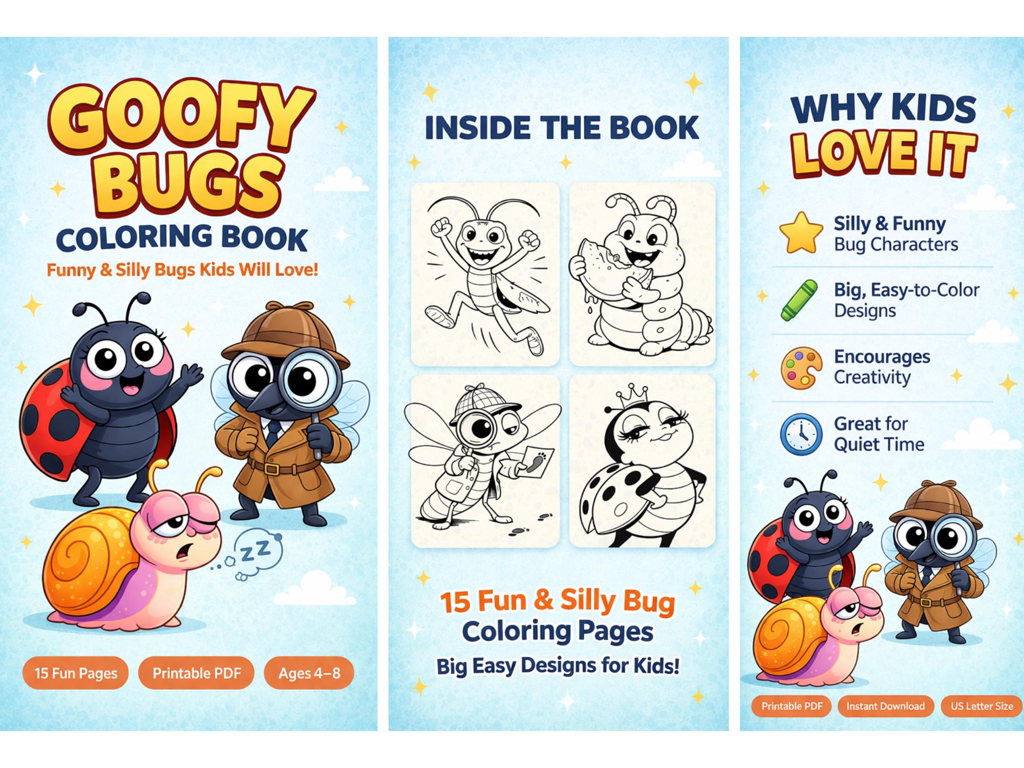 Silly Bug Kids Rocking Goofy Bugs Coloring Book for Kids | Funny Insect Coloring Pages | Silly ...