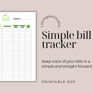 Simple bill tracker, bill log (Digital Download)