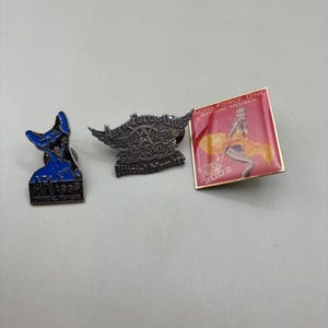 May include: Three metal pins. One is blue with a black silhouette and the text "1998 Official Member". Another is silver with wings and the text "Hero Force One Year 2001 Crossville Official Member". The last is red with a woman and the text "Aero Force One Official Member 2002".