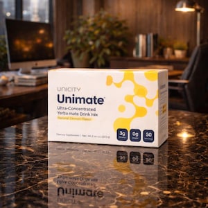 Op de afbeelding: Een witte doos Unimate Ultra-Concentrated Yerba Mate Drink Mix met Natural Lemon Flavor. De doos heeft gele accenten en bevat 50 porties. De doos staat op een reflecterend oppervlak.