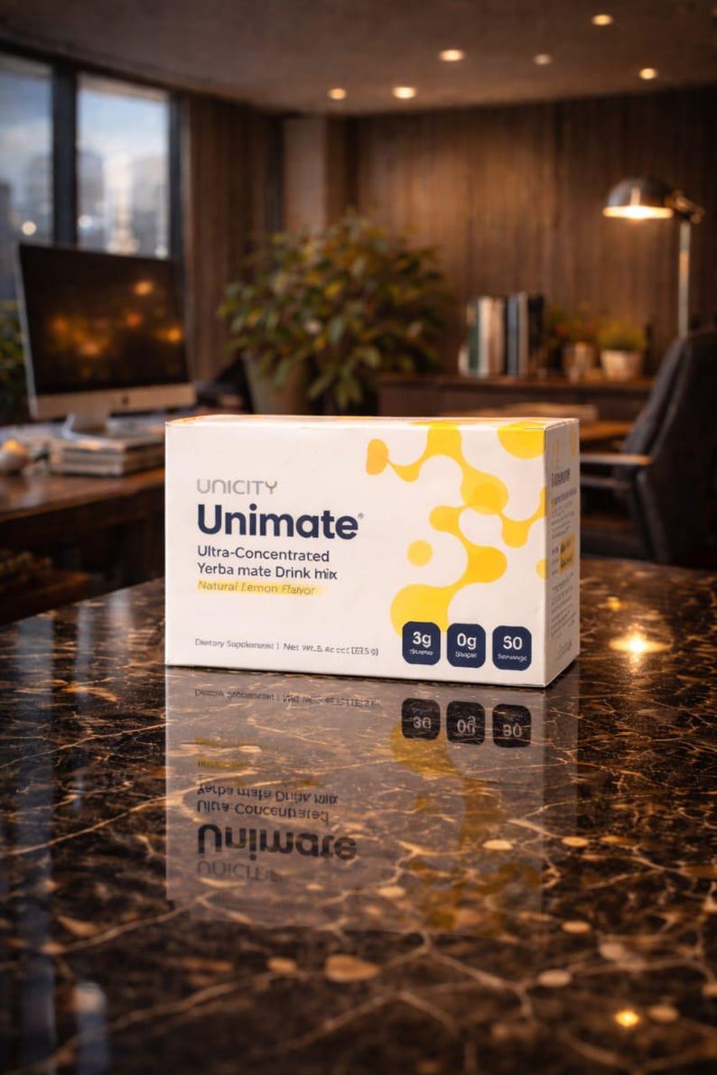 Op de afbeelding: Een witte doos Unimate Ultra-Concentrated Yerba Mate Drink Mix met Natural Lemon Flavor. De doos heeft gele accenten en bevat 50 porties. De doos staat op een reflecterend oppervlak.