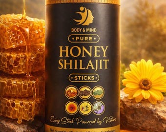Bastões de Shilajit com Mel Puro | Ashwagandha, Açafrão, Energético (Suplemento Alimentar)