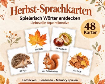 May include: A set of 48 educational cards titled Herbst-Sprachkarten featuring watercolor illustrations of autumn themes including a hedgehog, a squirrel, a chestnut, a maple leaf, and a pile of leaves with German text labels.