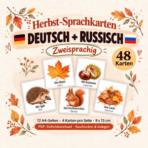 May include: A set of 48 bilingual German and Russian flashcards titled Herbst-Sprachkarten. The cards feature autumn-themed illustrations including a leaf, chestnut, hedgehog, squirrel, and pile of leaves, each measuring 9 x 13 cm on 12 A4 pages.