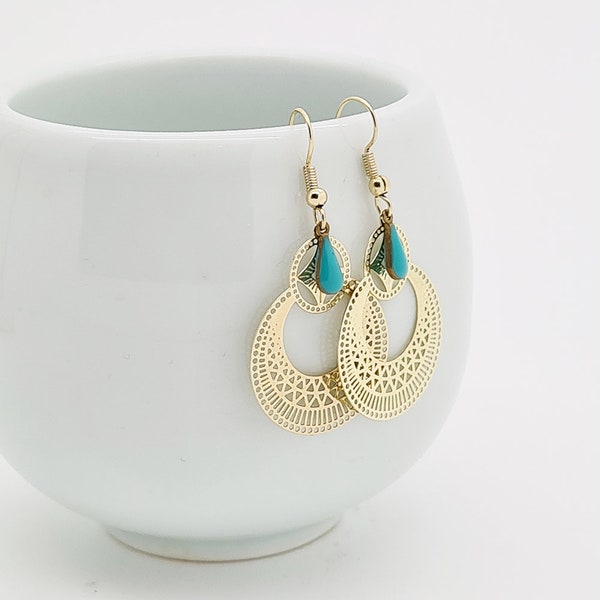 Boucles d'oreilles gouttes turquoises, boucles d'oreilles orientales, boucles d'oreilles ethniques, Made in France