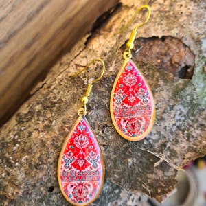 Persian motifs Earrings, Persian earrings, Persian tile patterns, Red drop earrings, Red Carpet patterns earrings, Christmas gift for her