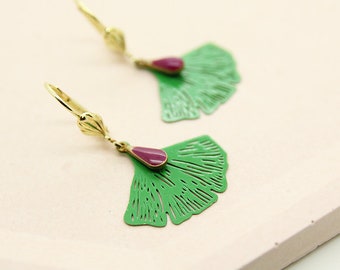 Green Ginkgo Jewelry , Green Ginkgo earrings, Ginkgo Drop earrings, Leaf earrings, Light weight leaf Drop earrings