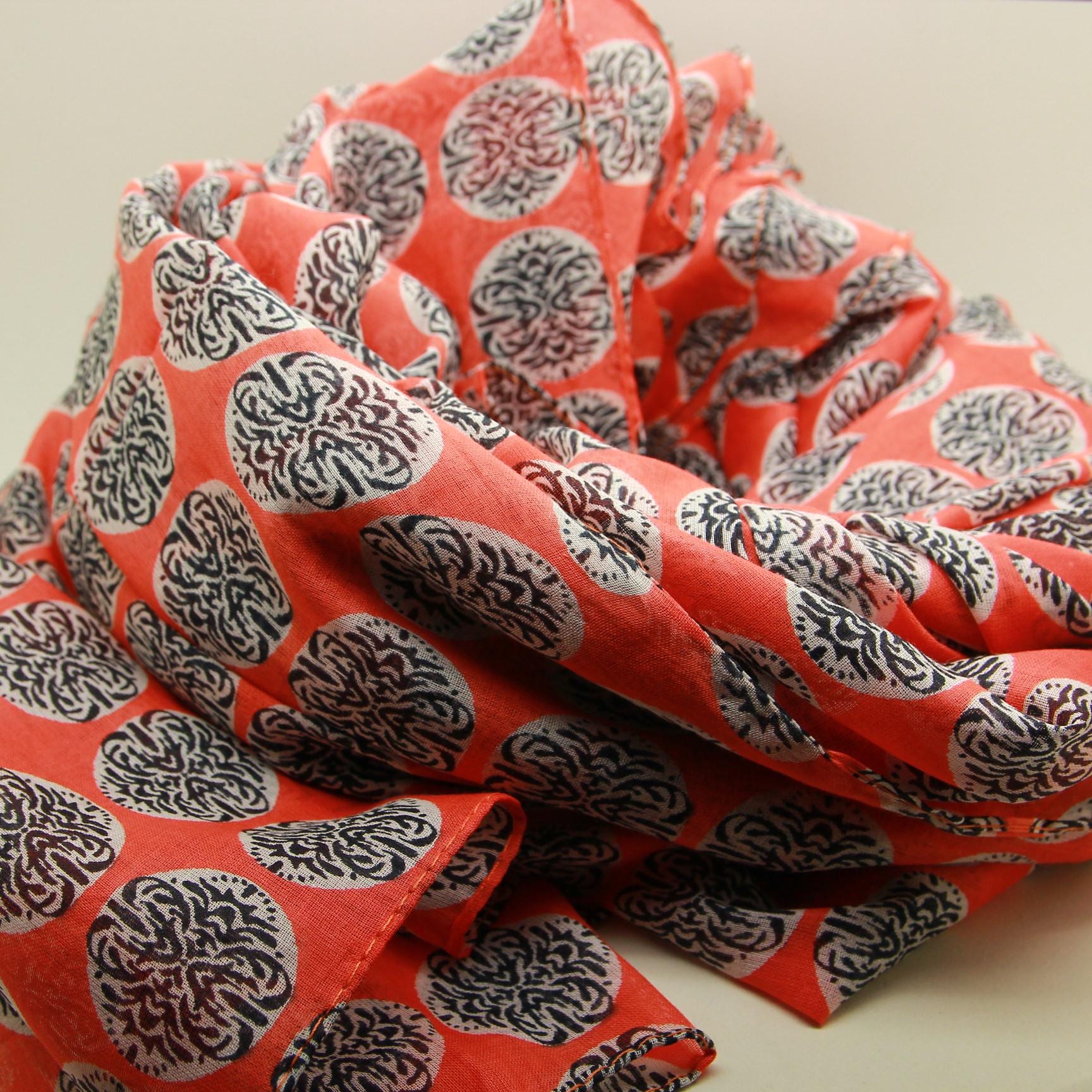 Hand Printed Cotton Scarf, 100% Cotton Scarf, Unisex Scarf, Spring Scarf, Orange and Blue Scarf, Vibrant Cotton Scarf