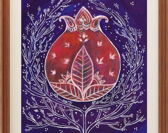 May include: A framed art print featuring a stylized pomegranate design. The artwork showcases a red pomegranate with white floral accents against a deep blue background. The print is encased in a brown wooden frame.